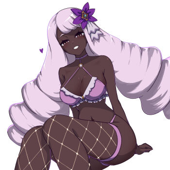 1girl ass bikini breasts cleavage dark-skinned_female dark_skin fishnet_thighhighs fishnets frilled_bikini frills hair_ornament highres hitofudegaki_usagi jacinthe_(pokemon) long_hair looking_at_viewer low_drills nintendo pink_bikini pokemon pokemon_legends:_z-a purple_eyes purple_hair smile swimsuit teeth thighhighs thighs very_dark_skin white_background