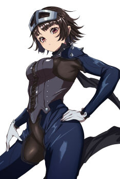 1girl biker_clothes bikesuit black_scarf blunt_bangs bodysuit braid breasts brown_hair commentary cowboy_shot crown_braid from_below gloves grey_background grey_mask hand_on_own_hip hand_on_own_thigh highres long_scarf long_sleeves looking_at_viewer mask mask_on_head medium_breasts niijima_makoto parted_lips persona persona_5 queen_(persona_5) red_eyes s-m-53413 scarf short_hair shoulder_spikes simple_background solo spikes standing metal_mask white_gloves