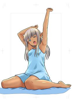 Rule 34 | 1girl, absurdres, armpits, arms up, bare shoulders, barefoot, blue dress, blue eyes, blunt bangs, breasts, commentary, dark-skinned female, dark elf, dark skin, dress, elf, full body, grey hair, half-closed eyes, highres, karla (kono healer mendokusai), kono healer mendokusai, looking at viewer, official art, open mouth, pointy ears, sitting, sleeveless, sleeveless dress, small breasts, solo, symbol-only commentary, tannen ni hakkou, wariza, white background, yawning
