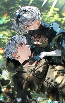 1boy 1girl 2b_(nier:automata) 9s_(nier:automata) absurdres artist_name black_dress black_hairband blue_eyes blush breasts cleavage cleavage_cutout closed_mouth clothing_cutout commentary dress english_commentary grin hair_between_eyes hairband hetero highres large_breasts lazoomaiga looking_at_another lying mole mole_under_mouth nier:automata nier_(series) on_back on_grass outdoors puffy_sleeves short_hair smile sunlight white_hair