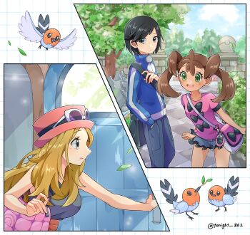 1boy 2girls :d bag bird black_bag black_bow black_hair blonde_hair blue_jacket blue_pants blue_shorts blue_sky bow breasts brown_hair bush calem_(pokemon) closed_mouth cloud day fletchling gen_6_pokemon green_eyes grey_eyes grey_shirt grid_background hand_in_pocket handbag highres jacket long_hair long_sleeves medium_breasts multiple_girls nintendo open_mouth opening_door outdoors pants path pink_bag pink_shirt pocket pokemon pokemon_(creature) pokemon_xy purple-tinted_eyewear rain_(tonight_862) road serena_(pokemon) shauna_(pokemon) shirt shirt_bow short_hair short_sleeves shorts sideways_mouth sky sleeveless sleeveless_shirt smile standing teeth tinted_eyewear tree turtleneck turtleneck_jacket twintails twitter_username upper_teeth_only wooden_door