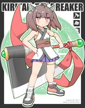 1girl absurdres ahoge axe brown_hair commentary headgear highres holding japanese_clothes katsukumori_mitsuru kimono obi pleated_skirt red_eyes sash shoes skirt solo touhoku_kiritan twintails voiceroid weapon