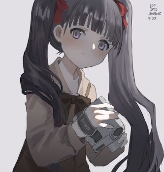 1girl black_hair blush bow bowtie brown_bow brown_bowtie brown_vest camcorder camera cardcaptor_sakura catzz character_name closed_mouth commentary_request daidouji_tomoyo grey_background hair_ribbon highres holding holding_camera light_smile long_hair looking_at_viewer purple_eyes red_ribbon ribbon school_uniform shirt simple_background solo twintails upper_body very_long_hair vest video_camera white_shirt
