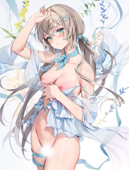 Rule 34 | 1girl, arm up, babydoll, bare shoulders, beads, blank censor, blue bow, blue bowtie, blue neckerchief, blue ribbon, blush, bottomless, bow, bowtie, breasts, brown hair, censored, closed mouth, collarbone, cowboy shot, floating hair, flower, frilled babydoll, green eyes, groin, hair ornament, hair ribbon, hairclip, hand on own chest, houkisei, leaf, long hair, looking at viewer, low twintails, medium breasts, mole, momoko (houkisei), neckerchief, nipples, original, paid reward available, ribbon, second-party source, sidelocks, smile, solo, stomach, strap slip, thighs, twintails, very long hair, white babydoll, white background, x hair ornament, yellow flower