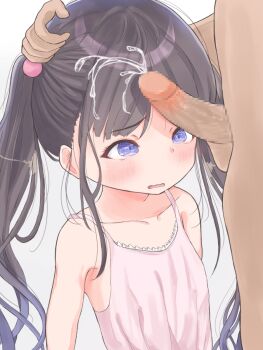 1boy 1girl blue_eyes blunt_bangs blush breasts brown_hair clothed_female_nude_male collarbone cum cum_on_hair furrowed_brow hair_bobbles hair_ornament hand_on_another's_head highres loli long_sidelocks matthew_(yo_matthew) nude open_mouth original penis penis_on_face sidelocks simple_background small_breasts twintails variant_set wavy_mouth white_background