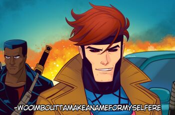 2boys absurdres blade_(marvel) blade_(series) bodysuit brown_hair coat colored_sclera crossover dark_skin deadpool_&amp;_wolverine deadpool_(series) dhampir english_text facial_hair gambit highres holding looking_at_viewer male_focus marvel marvel multiple_boys multiple_crossover red_eyes smgold smile spider-man:_the_animated_series spider-man_(series) superhero_costume trench_coat undead vampire x-men x-men:_the_animated_series