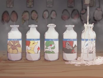 5girls blurry blurry_background bottle breast_milk_in_container breasts delphox doritoru female_focus furry furry_female gardevoir gen_3_pokemon gen_4_pokemon gen_5_pokemon gen_6_pokemon highres indoors lactation large_breasts legendary_pokemon lopunny medium_breasts milk_bottle milking_machine multiple_girls nintendo nipples photo_(object) pokedex_number pokemon pokemon_(creature) pouring reshiram spilling steam steaming_body table through_wall zoroark