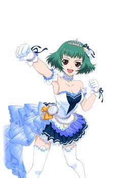 Rule 34 | 1girl, bead bracelet, beads, bow, bracelet, breasts, brown eyes, choker, collarbone, dress, farah oersted, frilled choker, frills, game cg, gem, gloves, green hair, high heels, idol, idol clothes, idolmaster, idolmaster cinderella girls, idolmaster cinderella girls starlight stage, jewelry, medium breasts, necklace, official alternate costume, official art, open mouth, pearl (gemstone), pearl bracelet, pearl choker, pearl necklace, pendant watch, pink bow, short hair, smile, solo, starry sky bright (idolmaster), strapless, strapless dress, tales of (series), tales of asteria, tales of eternia, thighhighs, tiara, transparent background, very short hair, watch, white dress, white gloves, white thighhighs