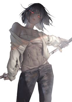 1girl abs katana looking_at_viewer neg_(101neg) panties pants red_eyes sarashi short_hair simple_background sword tagme underwear weapon white_background