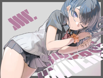 Rule 34 | 1girl, absurdres, ass, black hair, black shirt, black skirt, blue eyes, blush, bow, bowtie, cardigan, closed mouth, collared shirt, commentary request, copyright name, dutch angle, grey background, gridman universe, gridman universe (movie), highres, long hair, looking at viewer, lying, miniskirt, official alternate costume, on side, one eye closed, orange scrunchie, pleated skirt, red bow, red bowtie, school uniform, scrunchie, shirt, short sleeves, skirt, solo, sweater vest, takarada rikka, thighs, tyaui (xjju4435), vest, wrist scrunchie