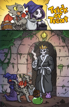 bandana beak blush crown cup dragon dragon_horns dragon_tail eyelashes highres horns kobold kobold_(rakkuguy) lime_(rakkuguy) monster_girl monsters_can_be_heroes_to mug purple_robe rakkuguy robe shelly skeleton slime_(creature) slime_girl slippers stone_wall tail