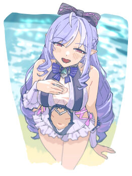 1girl bare_shoulders beach blush breasts clothing_cutout cowboy_shot gnggnggng268131 half-closed_eyes highres large_breasts long_hair navel one-piece_swimsuit open_mouth pointy_ears purple_eyes purple_hair sand see-through_clothes solo stomach_cutout swimsuit vivian_banshee water white_one-piece_swimsuit zenless_zone_zero