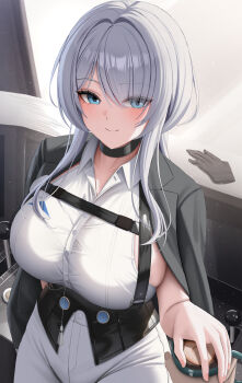 1girl absurdres black_choker black_corset black_gloves black_jacket blue_eyes blush breasts brid_(nikke) brid_(silent_track)_(nikke) chest_harness choker closed_mouth coffee coffee_mug collarbone collared_shirt commentary corset cowboy_shot cup doenji_(auto7233) gloves goddess_of_victory:_nikke grey_hair hair_between_eyes hair_down hair_over_one_eye harness highres holding holding_cup indoors jacket jacket_on_shoulders large_breasts long_hair looking_at_viewer mug official_alternate_costume official_alternate_hairstyle pants shirt sideboob sideless_shirt sidelocks sleeveless smile solo_focus standing tight_clothes tight_pants train_interior unworn_gloves white_pants white_shirt