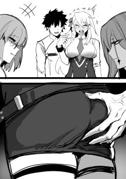 absurdres azrael_(grand_assassin)_(fate) black_hair blush braid breasts closed_eyes commentary_request crying dark-skinned_male dark_skin fate/grand_order fate_(series) fujimaru_ritsuka_(female) fujimaru_ritsuka_(male) grabbing_another's_ass groping highres large_breasts long_hair necktie olga_marie_animusphere olga_marie_animusphere_(unbeast) short_hair thighhighs very_long_hair wtlong_han