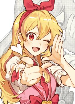 Rule 34 | 1girl, :d, aikatsu!, aikatsu! (series), blonde hair, blush, bow, bow hairband, commentary request, hair between eyes, hair bow, hairband, hands up, highres, hoshimiya ichigo, idol, idol clothes, index finger raised, kkoo7, korean commentary, long hair, looking at viewer, necktie, one eye closed, open mouth, outstretched arm, pink vest, pointing, pointing at viewer, projected inset, red bow, red eyes, red hairband, red necktie, shirt, short sleeves, smile, solo, straight hair, upper body, vest, white background, white shirt, zoom layer