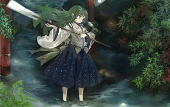 Rule 34 | 1girl, ahoge, blouse, blue skirt, bow, closed mouth, commentary request, detached sleeves, dot mouth, forest, gohei, green eyes, green hair, hair ornament, holding, holding gohei, kochiya sanae, konabetate, long hair, moon, mountain, nature, river, riverbank, shirt, skirt, snake hair ornament, solo, torii, touhou, tree, wading, waist bow, water, white bow, white shirt, wide sleeves