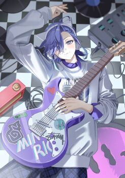 Rule 34 | 1boy, :3, absurdres, amplifier, animal ear headphones, animal ears, antenna hair, arm up, asymmetrical sleeves, braid, cable, cat ear headphones, cat ears, checkered floor, collared shirt, cowboy shot, electric guitar, fake animal ears, floor, guitar, headphones, highres, holostars, instrument, kiring xox, layered shirt, lying, male focus, medium hair, minase rio, minase rio (after-school), official alternate costume, on back, on floor, pants, pedal board, plaid clothes, plaid pants, purple eyes, purple hair, purple shirt, shirt, solo, sticker, sweater, vinyl record, virtual youtuber, white sweater
