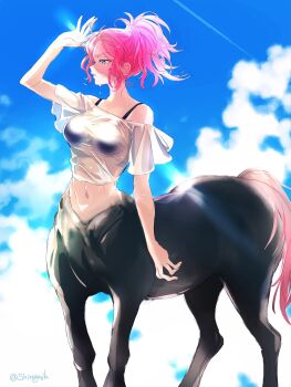 Rule 34 | 1girl, arm up, bare shoulders, black bra, blue sky, bra, bra visible through clothes, breasts, centaur, cloud, commentary request, crop top, day, highres, horse tail, lens flare, long hair, medium breasts, midriff, monster girl, multiple legs, navel, off-shoulder shirt, off shoulder, original, parted lips, ponytail, profile, shirayujk, shirt, short sleeves, sidelocks, sky, solo, standing, sweat, tail, taur, twitter username, underwear, wet, wet clothes, wet shirt