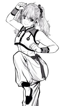 Rule 34 | 1girl, abs, chinese clothes, clenched hands, commentary request, cowboy shot, crane stance, crop top, crop top overhang, earrings, fighting stance, greyscale, hatching (texture), highres, jewelry, kung fu, lee (dragon garou), midriff, monochrome, original, smile, solo, standing, standing on one leg, stud earrings, twintails, wristband