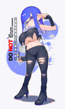1girl black_boots black_gloves black_leggings black_shirt boots breasts commentary earclip fingerless_gloves full_body gloves hand_up high_heel_boots high_heels highres huge_breasts inkling inkling_girl inkling_player_character jinkoika leggings long_hair looking_at_viewer navel nintendo parted_lips pointy_ears purple_eyes purple_hair shirt solo splatoon_(series) standing stomach symbol-only_commentary tentacle_hair torn_clothes torn_leggings torn_shirt underboob watermark wide_hips