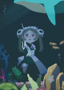 1girl absurdres apron aquarium back_bow bloody_marie_(skullgirls) bow brooch bubble dress fish frilled_apron frills grey_hair hair_ornament highres jewelry juliet_sleeves kuroirozuki long_sleeves looking_up maid_headdress open_mouth puffy_sleeves red_eyes rock skull_hair_ornament skullgirls solo twintails whale