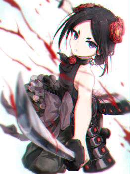 Rule 34 | 1girl, armor, black hair, black pants, blue eyes, blurry, blurry background, blurry foreground, chromatic aberration, dual wielding, faulds, female focus, flower, hair flower, hair ornament, highres, holding, holding sword, holding weapon, japanese armor, kusazuri, looking at viewer, noraillust, pants, princess principal, red flower, short hair, simple background, sleeveless, solo, sword, toudou chise, weapon, white background