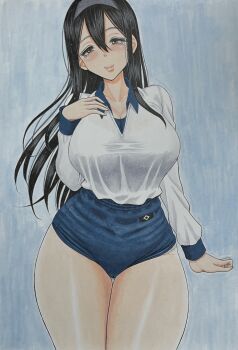 1girl black_hair blue_background blue_buruma blush breasts brown_eyes buruma cleavage collarbone gym_uniform hairband hand_on_own_chest kirisute large_breasts long_hair long_sleeves looking_at_viewer original panties panty_pull shirt smile standing traditional_media underwear white_panties white_shirt wide_hips