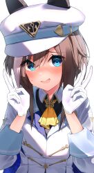 Rule 34 | 1girl, absurdres, animal ears, ascot, black shirt, blue eyes, blush, breasts, brown hair, cape, cheval grand (umamusume), collared shirt, commentary request, double v, ear covers, embarrassed, gloves, hair between eyes, hair ornament, hat, highres, horse ears, horse girl, jacket, looking at viewer, medium breasts, medium hair, multicolored hair, open mouth, peaked cap, portrait, shirt, shumai il, smile, solo, streaked hair, sweat, umamusume, uniform, upper body, v, white background, white gloves, white hair, white hat, yellow ascot