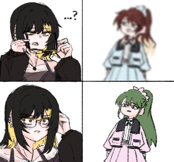 Rule 34 | ..., 3girls, ?, aketa mikoto, aromdami, bespectacled, black hair, blonde hair, blurry, collarbone, commentary, ear piercing, glasses, highres, holding, holding removed eyewear, idolmaster, idolmaster shiny colors, ikaruga luca, jacket, jewelry, long hair, looking at another, meme, multicolored hair, multiple girls, nanakusa nichika, necklace, official alternate costume, parody, peter parker's glasses (meme), piercing, pink jacket, pink skirt, pleated skirt, ponytail, revision, simple background, skirt, two-tone hair, unworn eyewear, very long hair, white background