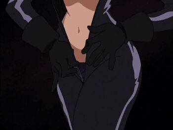 1girl animated animated_gif bodysuit bra breasts cleavage curvy dressing earrings female_focus gloves jewelry large_breasts lipstick long_hair lupin_iii makeup mine_fujiko navel shiny_clothes solo underwear zipper zipping