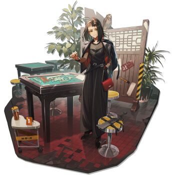 Rule 34 | 1girl, arknights, bag, baggy pants, belt, bird girl, black belt, black hair, black jacket, black pants, black shirt, black shoes, broken tile, caution tape, closed mouth, cup, dark-skinned female, dark skin, dice, drinking straw, ear piercing, earrings, english text, eyebrow cut, fishnet top, fishnets, full body, halter shirt, halterneck, hand in pocket, handbag, high-waist pants, high heels, highres, holding, holding dice, indoors, jacket, jacket on shoulders, jewelry, kamameshi gougoumaru, kestrel (arknights), kestrel (bird), kestrel (charm of the tiles) (arknights), leather, leather jacket, light smile, looking at viewer, machete, mahjong, mahjong table, mahjong tile, nail polish, necklace, non-web source, official alternate costume, official art, pants, partition, piercing, plant, potted plant, red bag, shaved head, shirt, shoes, solo, standing, stool, table, tachi-e, tile floor, tiles, transparent background, wooden table, yellow eyes, yellow nails