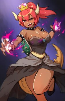 1girl :d armlet bare_shoulders borrowed_character borrowed_design bowsette bracelet breasts brooch claws collar commentary crown dark-skinned_female dark_skin english_commentary eyes_visible_through_hair fangs female_focus fire flaming_hand hair_between_eyes horns jewelry large_breasts long_hair mario_(series) maritan_(pixelmaritan) monster_girl new_super_mario_bros._u_deluxe nintendo open_mouth ponytail pyrokinesis red_eyes red_hair smile solo spiked_armlet spiked_bracelet spiked_collar spiked_tail spikes super_crown tail teeth turtle_shell v-shaped_eyebrows
