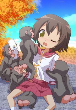 1girl bestiality blush breasts brown_hair cellphone cum cum_on_clothes fang grabbing_another's_breast groping highres kusakabe_misao large_breasts lucky_star monkey paizuri phone school_uniform uwa~a yellow_eyes