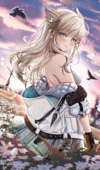 Rule 34 | 1girl, absurdres, animal, arknights, arknights: endfield, artist name, bare shoulders, bird, black gloves, blonde hair, blue eyes, blush, closed mouth, cloud, commentary, cowboy shot, day, dolphinjet, field, flower, flower field, glint, gloves, hand on own elbow, highres, jacket, light particles, long hair, looking at viewer, off shoulder, outdoors, perlica (arknights), solo, standing, turning head, watermark, white flower, white jacket, wind, yellow gloves, yellow pupils