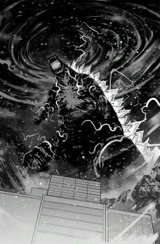 claws fangs giant giant_monster glowing godzilla godzilla_(kai-sei) godzilla_(series) godzilla_kai-sei greyscale highres jaw kaiju kjlbs monochrome monster no_humans official_art open_mouth scales sharp_teeth sky spikes spines teeth toho