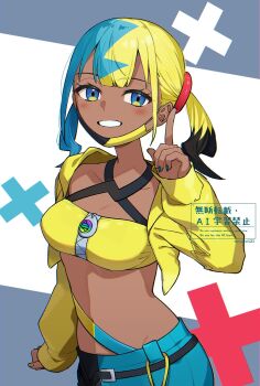 1girl black_hair black_pants blonde_hair blue_eyes blue_hair blue_pants canari_(pokemon) crop_top cropped_jacket dark-skinned_female dark_skin highres index_finger_raised jacket long_sleeves looking_at_viewer multicolored_hair nintendo nisanrei121 open_clothes open_jacket pants pokemon pokemon_legends:_z-a short_hair smile solo two-tone_pants yellow_jacket