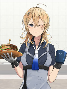 1girl ahoge annin_musou black_shirt blonde_hair blue_eyes food gloves gradient_neckerchief hair_ornament hairclip highres holding kantai_collection looking_at_viewer medium_hair military military_uniform mud neckerchief one_eye_closed sandwich shirt solo tuscaloosa_(kancolle) white_gloves