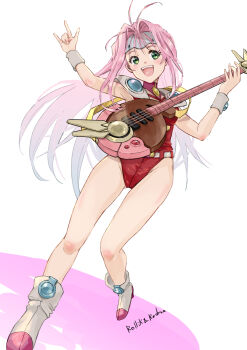 1girl :d armpits artist_name bare_legs blush feet_out_of_frame floating_hair green_eyes grey_wrist_cuffs hair_intakes highleg highleg_leotard highres holding holding_instrument instrument jun_(rellik_&amp;_redrum) leotard long_hair looking_at_viewer macross macross_7 mylene_jenius open_mouth pink_hair red_leotard smile solo very_long_hair white_background wrist_cuffs