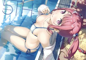 1girl absurdres arm_support bikini blue_bikini blush bow breasts circle_name collarbone dappled_sunlight female_focus front-tie_top hair_bobbles hair_ornament hat hat_bow highres huge_filesize kantoku leaning_back long_hair long_sleeves looking_at_viewer looking_up medium_breasts multicolored_bikini open_clothes open_shirt original outdoors partially_submerged pink_eyes pink_hair plaid_bow pool shirt sitting sleeves_past_wrists smile solo straw_hat string_bikini sunlight swimsuit tile_floor tiles top_pull twintails two-tone_bikini unworn_hat unworn_headwear white_bikini white_shirt