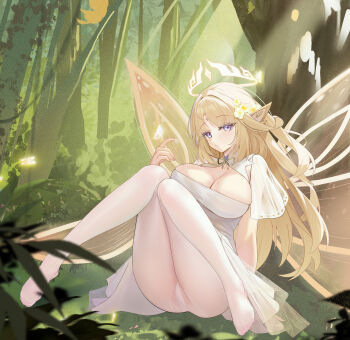 +_+ 1girl absurdres arm_behind_back blonde_hair blue_eyes breasts bug butterfly cameltoe cleavage closed_mouth commentary_request day dress facial_mark feet forehead forehead_mark forest genshin_impact glowing_butterfly hair_intakes halo hand_up highres insect knees_together_feet_apart knees_up large_breasts legs long_hair looking_at_viewer nature nicole_(genshin_impact) on_ground outdoors pantyhose parted_bangs plant pointy_ears see-through_clothes see-through_sleeves short_sleeves sidelocks sitting solo thighs toe_seam toes tree very_long_hair white_dress white_pantyhose wings yellow_halo yellow_wings zhongwu_chahui