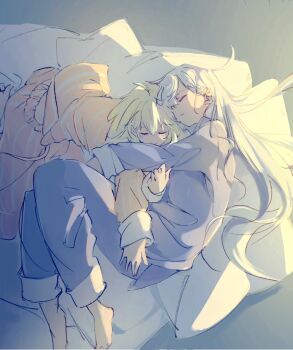 2girls anisphia_wynn_palettia barefoot blonde_hair closed_eyes closed_mouth commentary cuddling euphyllia_magenta grey_hair highres long_hair long_sleeves medium_hair multiple_girls on_bed orange_pants orange_shirt pajamas pants parted_lips purple_pants purple_shirt qqwan120 shirt sleeping striped_clothes striped_pants striped_shirt tensei_oujo_to_tensai_reijou_no_mahou_kakumei yuri