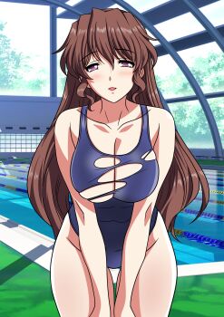 1girl absurdres arisaka_hatsune black_one-piece_swimsuit breasts brown_hair cleavage commission competition_swimsuit cowboy_shot highres indoors large_breasts long_hair looking_at_viewer one-piece_swimsuit pool poolside purple_eyes skeb_commission solo swimsuit tona-gura! torn_clothes torn_swimsuit yuuyuu_(3jjbn)