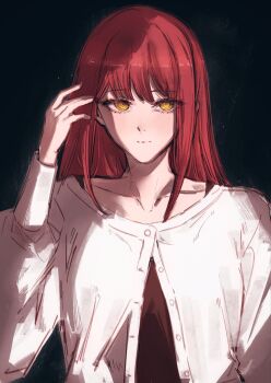 1girl black_background cardigan chainsaw_man closed_mouth collarbone commentary hand_up highres long_hair long_sleeves makima_(chainsaw_man) moku_(muooku) red_hair ringed_eyes simple_background solo upper_body white_cardigan yellow_eyes