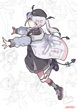 Rule 34 | 1girl, absurdres, artist name, asumi sena, asumi sena (3rd costume), black boots, black collar, black hat, black shirt, black skirt, black wings, blush, boots, closed mouth, collar, commentary request, ear piercing, earrings, full body, grey hair, grey socks, hat, head wings, highres, jacket, jewelry, looking at viewer, multicolored hair, multiple tails, niboshidrip, open clothes, open jacket, piercing, pink eyes, pink hair, ring, shirt, skirt, socks, solo, streaked hair, tail, two-tone hair, virtual youtuber, vspo!, white background, white jacket, wings