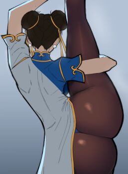 1girl absurdres ass capcom chun-li dress earrings highres jewelry pantyhose split standing standing_on_one_leg standing_split street_fighter thong xullandvoid