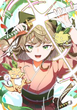1girl animal ankaketomato arms_up brown_hair commentary_request drawing_sword floating green_eyes hair_ribbon highres holding holding_sword holding_weapon katana long_hair looking_at_viewer open_mouth original ribbon sword upper_body v-shaped_eyebrows weapon