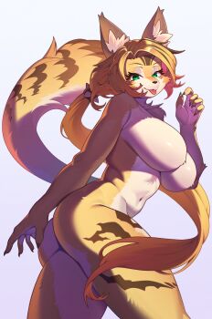 1girl animal_ear_fluff animal_ears ass breasts cat_girl cheetah_girl completely_nude furry furry_female green_eyes highres kimako_desu large_breasts long_hair no_nipples nude ponytail pulchra_fellini serval simple_background tail white_background yellow_fur zenless_zone_zero