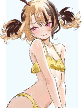 1girl absurdres ahoge akamiya_mumu alternate_costume arched_back bare_shoulders bikini blonde_hair blue_background blush border brown_hair collarbone commentary cowboy_shot dot_nose embarrassed flat_chest frilled_bikini frills from_side gigi_murin head_tilt highres hololive hololive_english looking_back looking_to_the_side multicolored_hair navel open_mouth outside_border own_hands_together parted_hair pink_eyes raised_inner_eyebrows sharp_teeth short_hair short_twintails sidelocks simple_background solo swimsuit teeth twintails two-tone_hair untranslatable_commentary upper_teeth_only virtual_youtuber white_border yellow_bikini