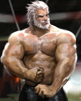 1boy bara beard black_pants blurry blurry_background broad_shoulders connected_beard dopey_(dopq) facial_hair highres male_focus muscular muscular_male mustache old old_man overwatch pants reinhardt_(overwatch) topless_female topless_male tying white_hair