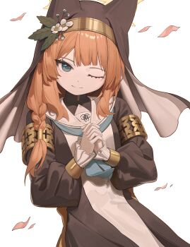 1girl absurdres animal_ear_fluff animal_ears blue_archive blue_eyes cat_ears commentary flower hair_flower hair_ornament halo highres komodo long_hair long_sleeves looking_at_viewer mari_(blue_archive) orange_hair simple_background smile solo symbol-only_commentary white_background white_flower yellow_halo